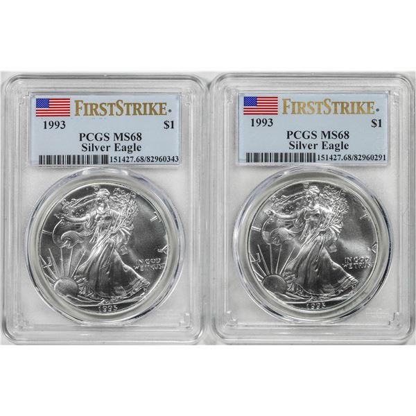 Lot of (2) 1993 $1 American Silver Eagle Coin PCGS MS68 First Strikes