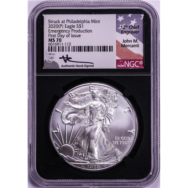 2020(P) $1 American Silver Eagle Coin NGC MS70 FDOI Mercanti Signature Emergency Issue