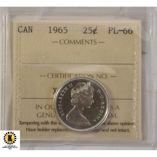 93)1965 CANADIAN SILVER $.25 PL 66