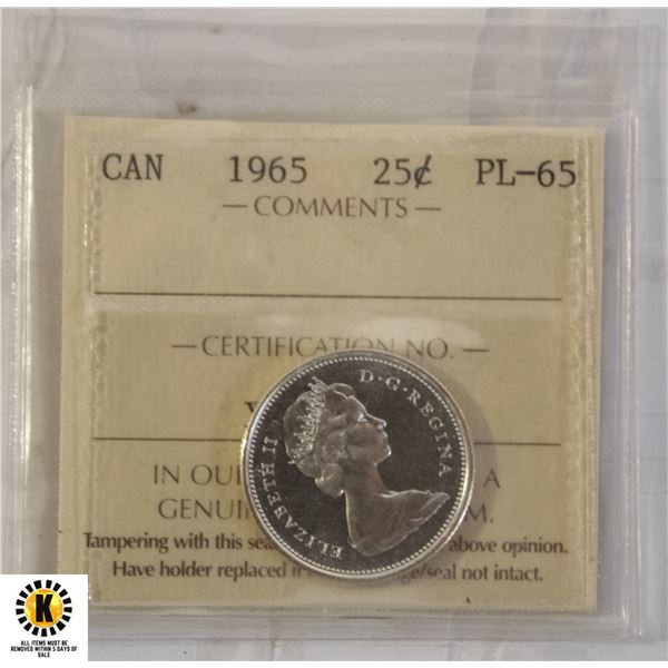 94)1965 CANADIAN SILVER $.25 PL 65