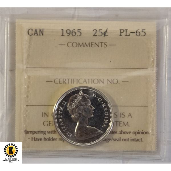 95)1965 CANADIAN SILVER $.25 PL 65