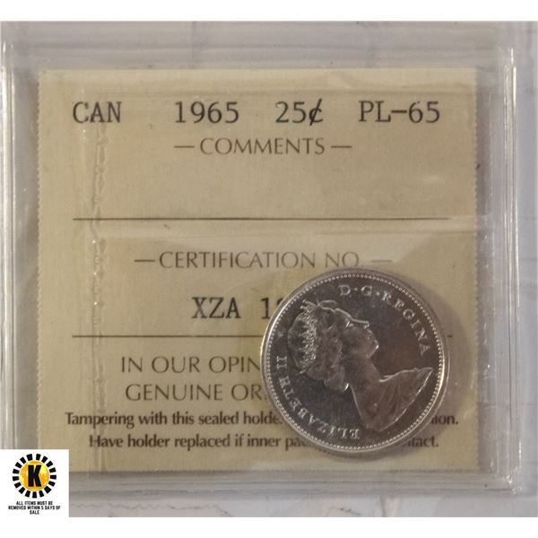 97)1965 CANADIAN SILVER $.25 PL 65