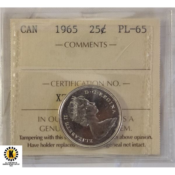 102)1965 CANADIAN SILVER $.25 PL65