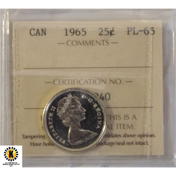 103)1965 CANADIAN SILVER $.25 PL65