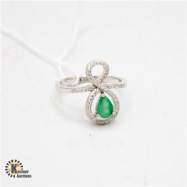 #244-UNHEATED GREEN EMERALD & CZ RING SIZE 7.75