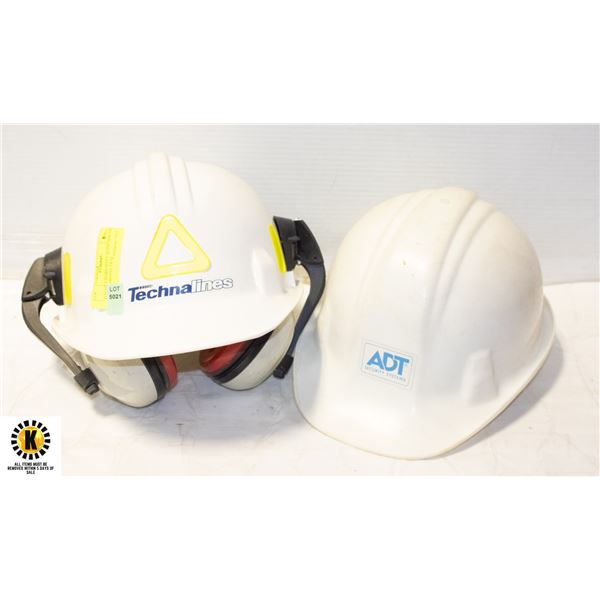 LOT OF 2 HARD HATS WITH ONE SET OF EAR PROTECTION