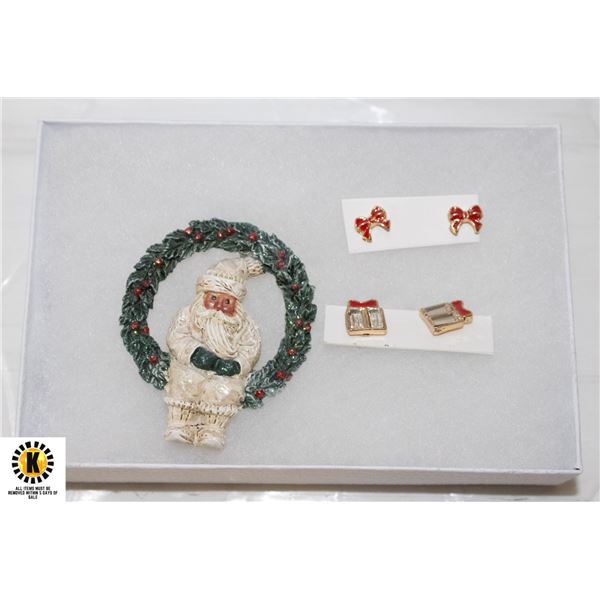 SANTA ON SPARKLE GARLAND BROOCH & 2 PAIR EARRINGS