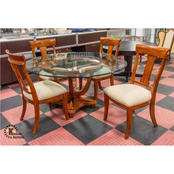 GLASS DINING ROOM TABLE WITH WOOD PEDESTAL