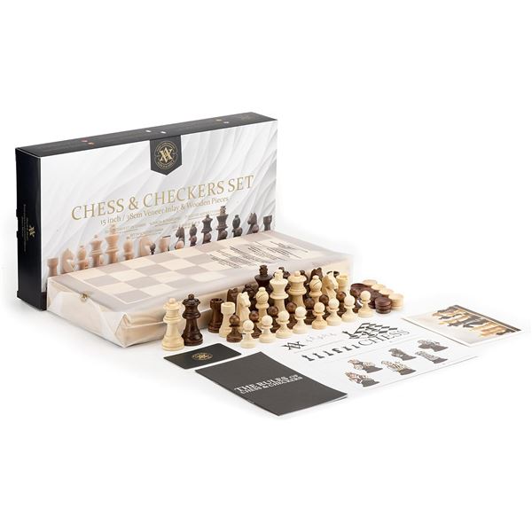 NEW A&A CHESS AND CHECKERS SET 15" VENEER INLAY &