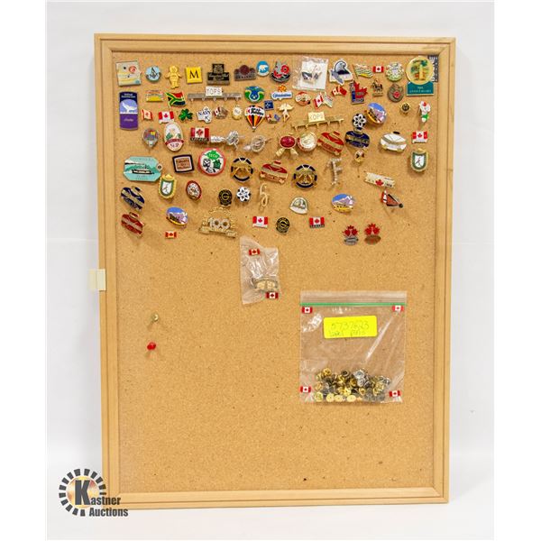 COLLECTIBLE LAPEL PINS ON A CORK BOARD