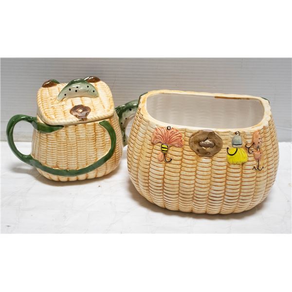 FLAT OF VINTAGE FISHING BASKET TEAPOT AND COOKIE