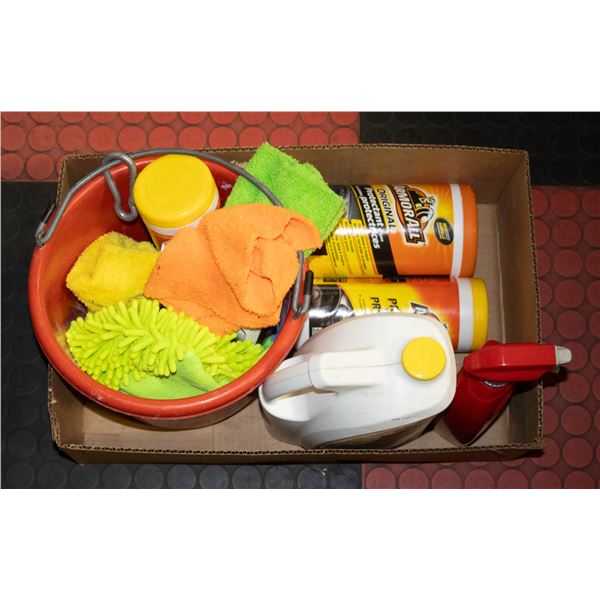 BOX OF CAR WASH SUPPLIES INCL. NEW SIMONIZ