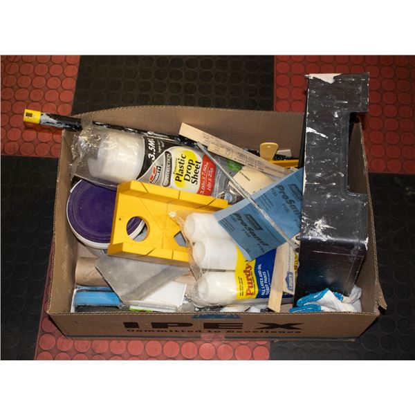 BOX OF PAINTING SUPPLIES AND TOOLS INCL.