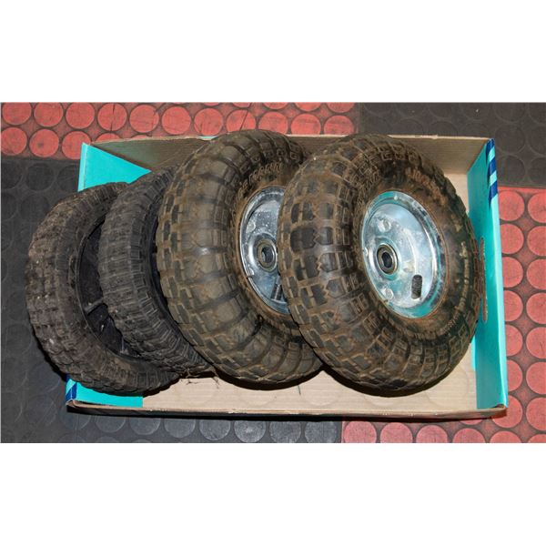 2 PAIRS OF SMALL TIRES ON RIMS (4.10/3.50-4) AND