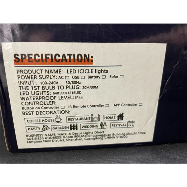 Lot of 2 Boxes of Maojia Outdoor/Indoor LED Christmas White Icicle Lights - 99 FT Length Per Box!