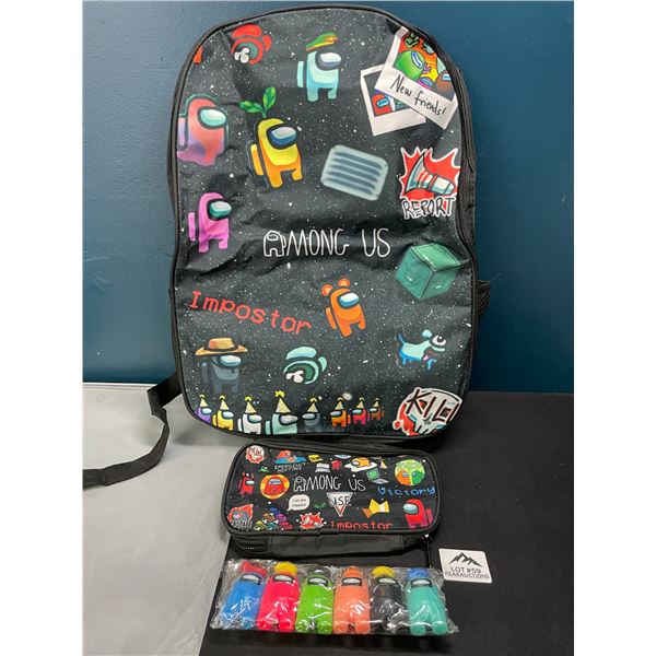Lot of 1 Among Us Backpack w/ Pencil Pouch & Keychain Figures - Brand New!