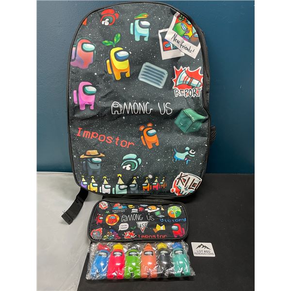 Lot of 1 Among Us Backpack w/ Pencil Pouch & Keychain Figures - Brand New!