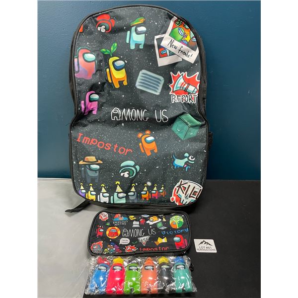 Lot of 1 Among Us Backpack w/ Pencil Pouch & Keychain Figures - Brand New!