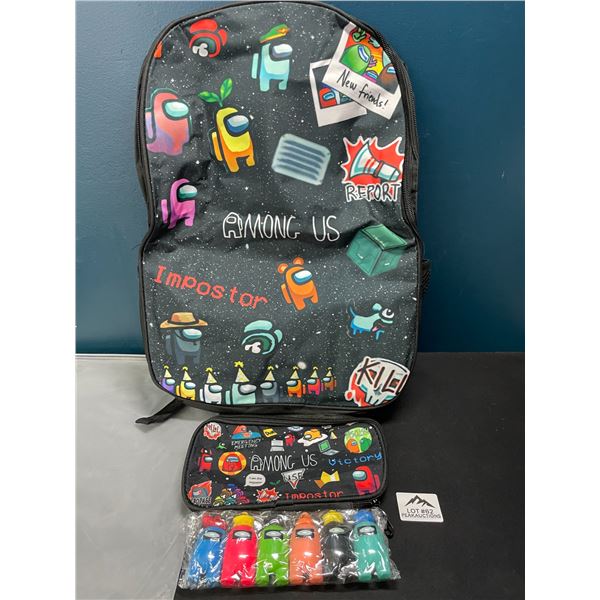 Lot of 1 Among Us Backpack w/ Pencil Pouch & Keychain Figures - Brand New!