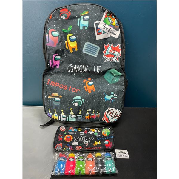 Lot of 1 Among Us Backpack w/ Pencil Pouch & Keychain Figures - Brand New!