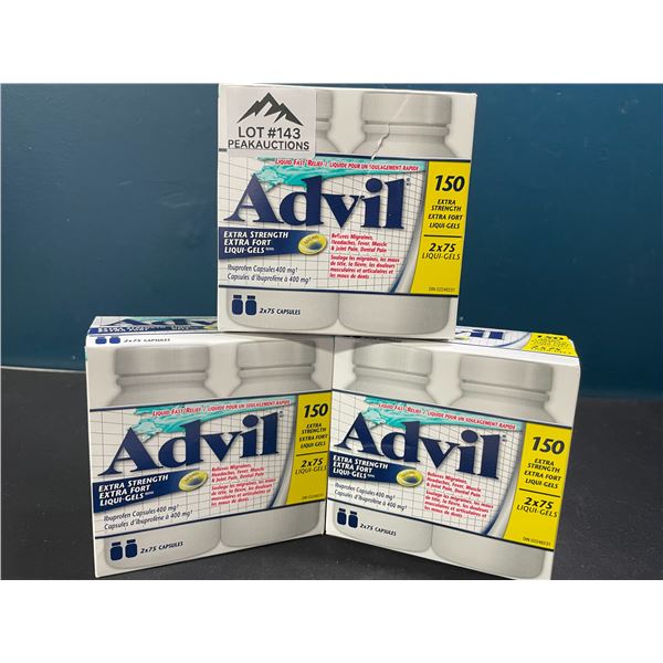 Lot of 3 Boxes of Advil Extra Strength Liqui-Gels - Double/Combo Packs - 150 Capsules per box
