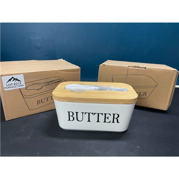 Lot of 2 Ceramic Butter Dishes/Containers w/ Butter Knife