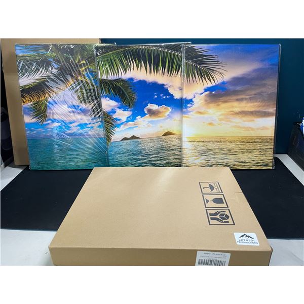Lot of 2 Sets of 3-Canvas Art Pieces - Beach/Palm Tree Scene