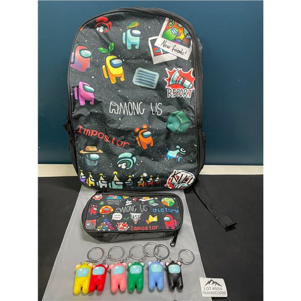 Lot of 1 Among Us Backpack w/ Pencil Pouch & Keychain Figures - Brand New!