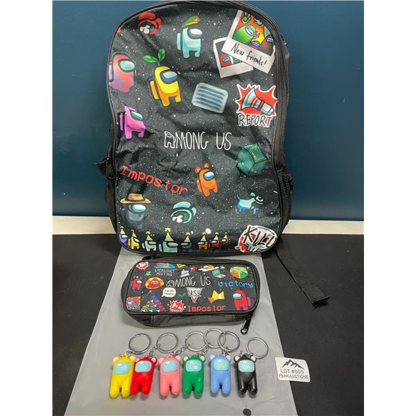 Lot of 1 Among Us Backpack w/ Pencil Pouch & Keychain Figures - Brand New!