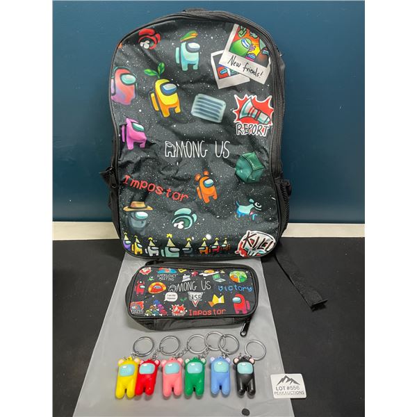 Lot of 1 Among Us Backpack w/ Pencil Pouch & Keychain Figures - Brand New!