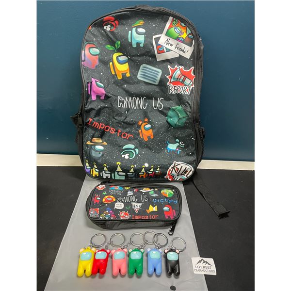 Lot of 1 Among Us Backpack w/ Pencil Pouch & Keychain Figures - Brand New!