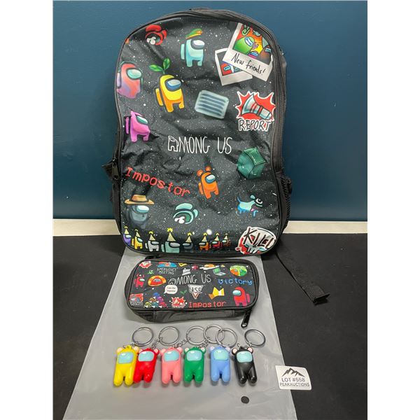 Lot of 1 Among Us Backpack w/ Pencil Pouch & Keychain Figures - Brand New!