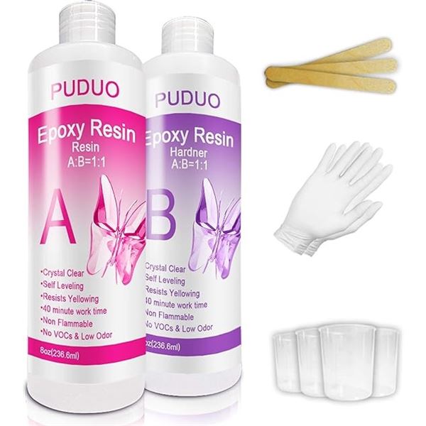 Lot of 1 Puduo Epoxy Resin Crystal Clear Kit - Part A & B - 16 oz - For Crafts, Art, Jewelry Making