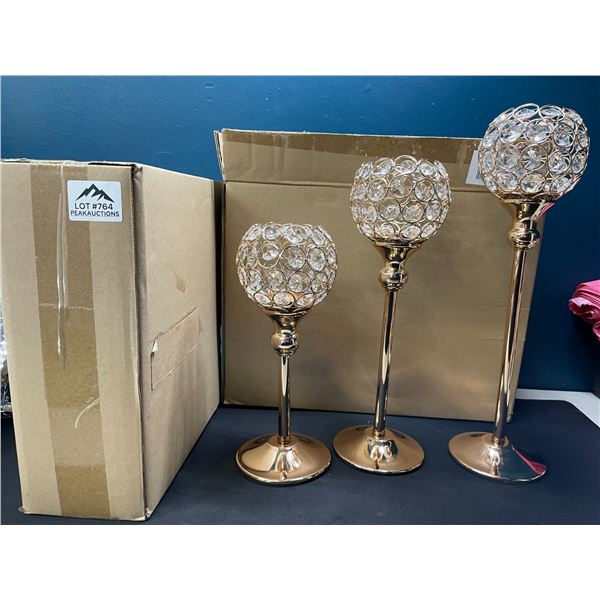 Lot of 2 Boxes of Crystal Gem/Gold Decorative Candle Holders - 3 per box/6 total