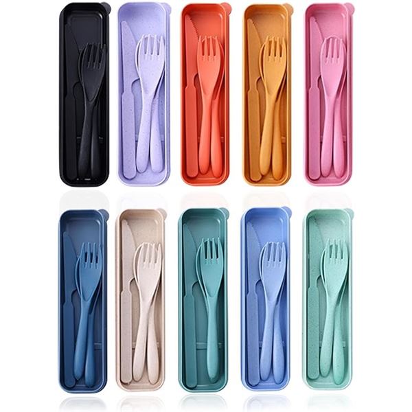Lot of 1 Multi-Pack of Reusable Wheat Straw Plastic Cutlery; 10 Coloured Cutlery Sets Included!