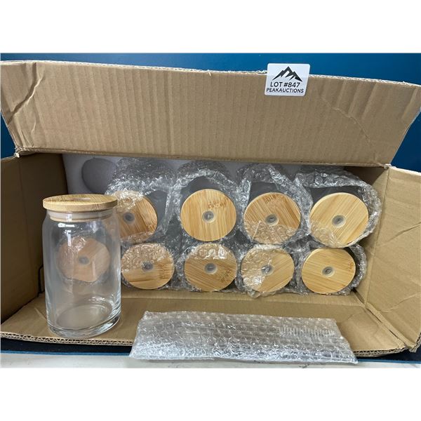 Lot of 1 Box of Glass Drinking Cups w/ Bamboo Lids - 20 Cups in box!