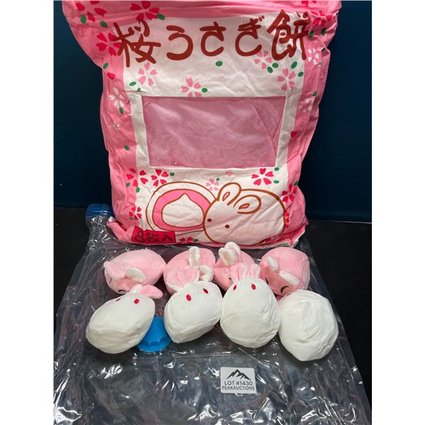 Lot of 1 Pillow and Stuffed Bunnies Set - Zippable Pillow with 8 Bunny Plushies