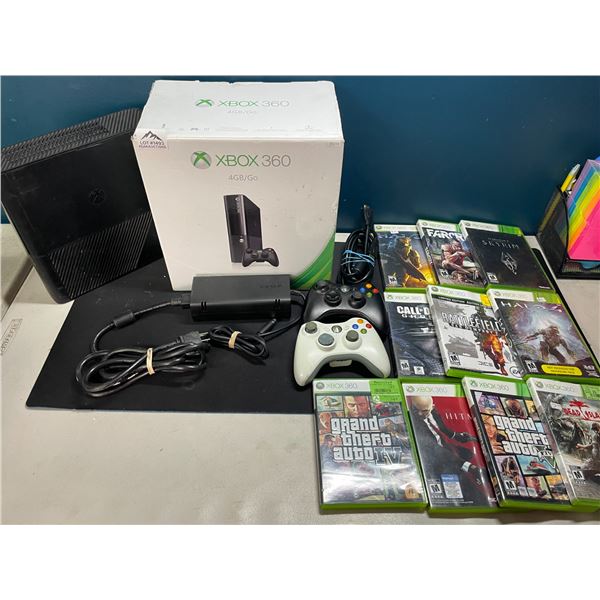 Lot of 1 Xbox 360 w/ Box, Cords, 2 Controllers, and 10 Games - Used
