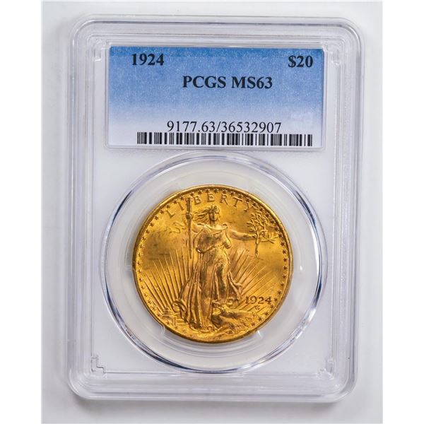 1924 $20 Double Eagle Gold Coin PCGS MS63