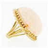 Image 5 : Vintage 14k Gold LARGE Hand Carved Flower Motif Oval Pink Angel Skin Coral Ring