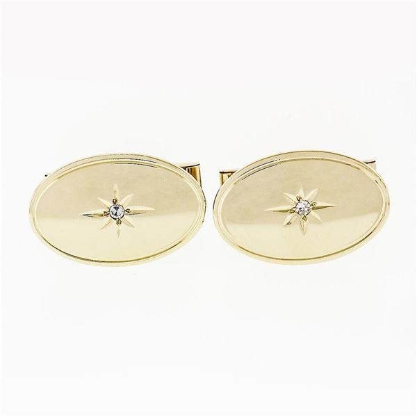 Vintage 14k Gold 0.04 ctw Round Single Cut Diamond Etched Polished Oval Cufflink