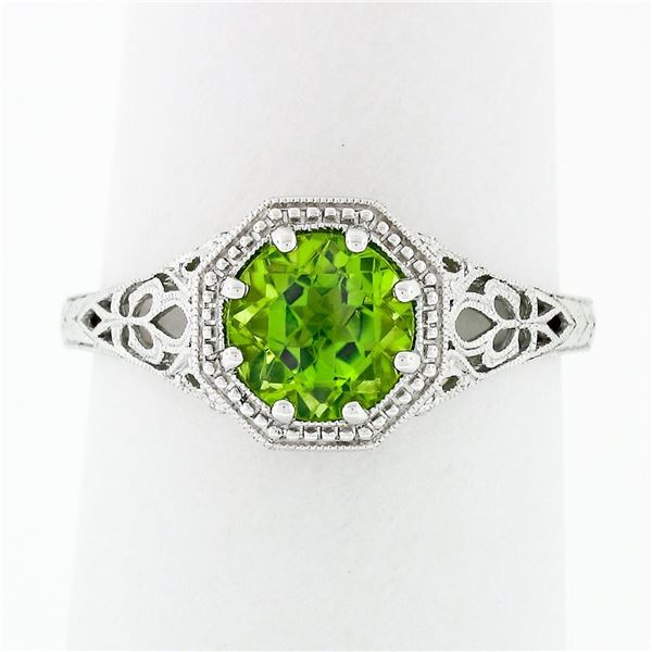 NEW 14k White Gold 1.11 ctw Fine Filigree & Milgrain Work Peridot Solitaire Ring