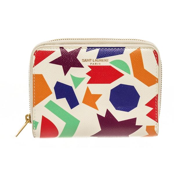 YSL Saint Laurent White Multicolor Pebbled Leather Compact Zippy Wallet