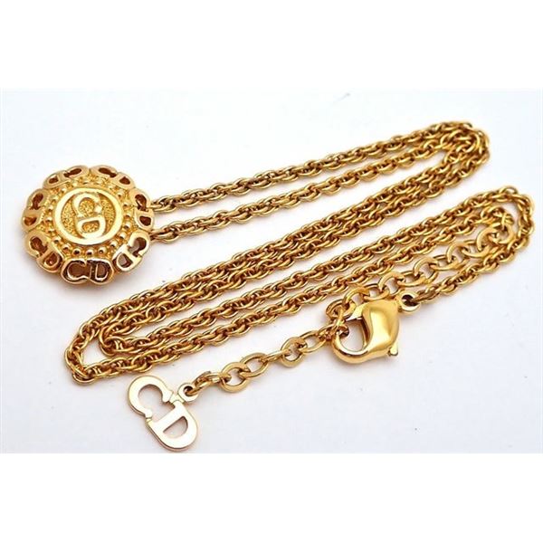 Christian Dior Gold-tone Round Logo Pendant Necklace