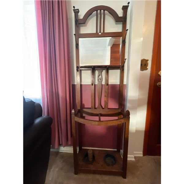Antique Oak Hall Stand With Beveled Mirror 24W x 13D x 76T