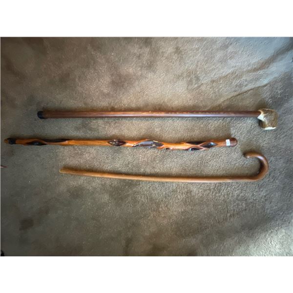 3 Wood Antique Walking Sticks