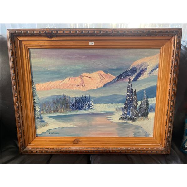 L D Young 1976 Looking West CNR Northline By Fraser River Oil On Canvass 29 x 23