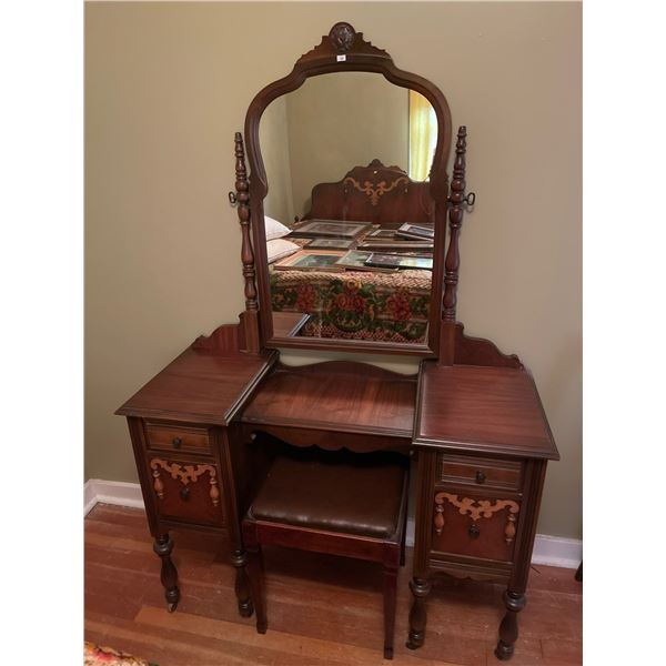 Antique Vanity Mahogany Inlays Matching Stool 44W x 17D x 66T