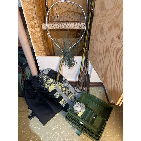 Fishing Gear Lot - Life Vest - Net - Rods