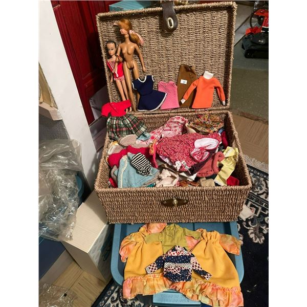 Barbies & Massive Clothes Collection In WIcker Basket
